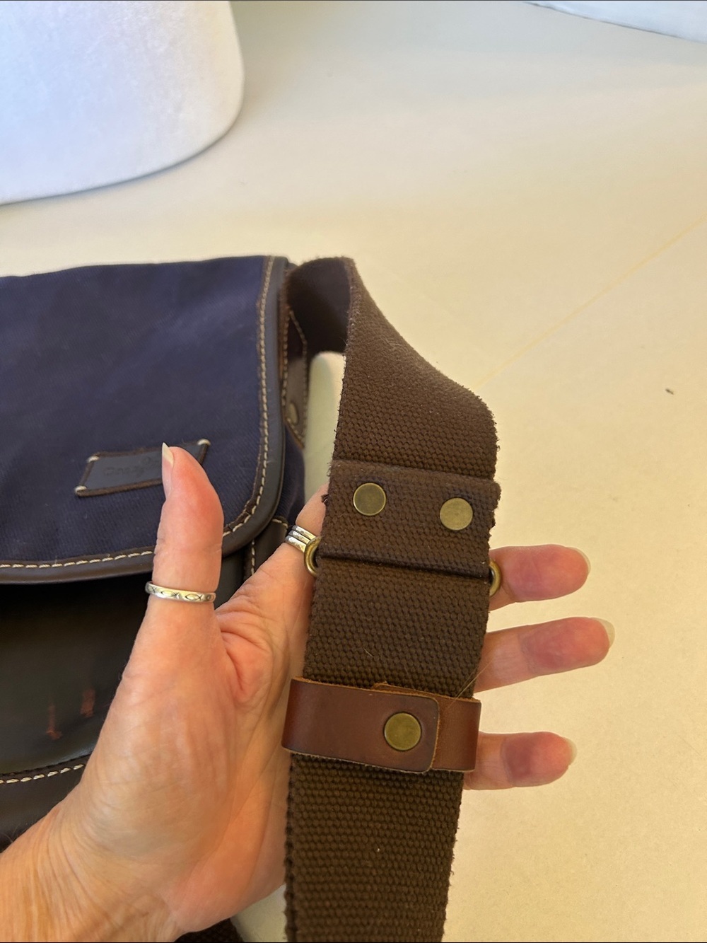 COLE HAAN BLUE CANVAS AND BROWN LEATHER  CARRY SATCHEL /MESSENGER BAG - Picture 14 of 16